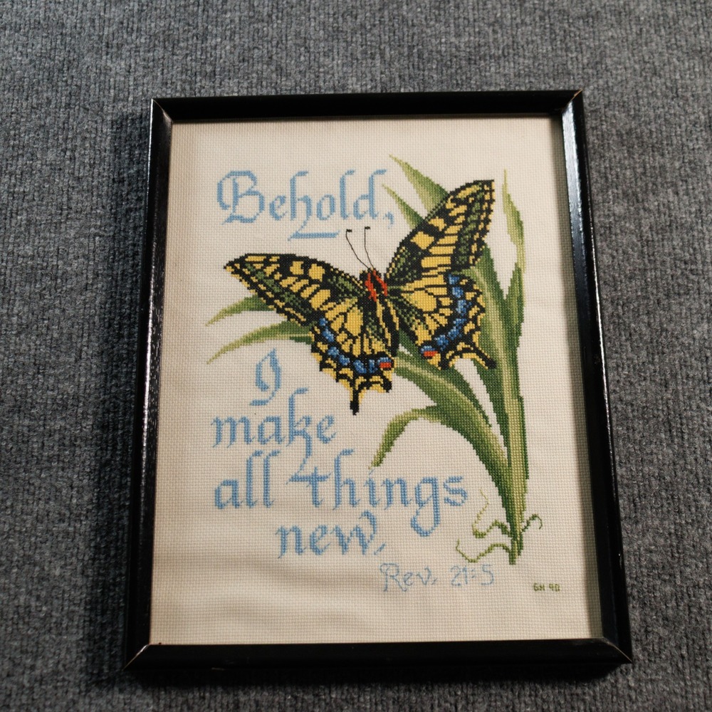 Vintage 1998 Framed Butterfly Cross Stitch Revelation 21:5 Scripture Wall Art